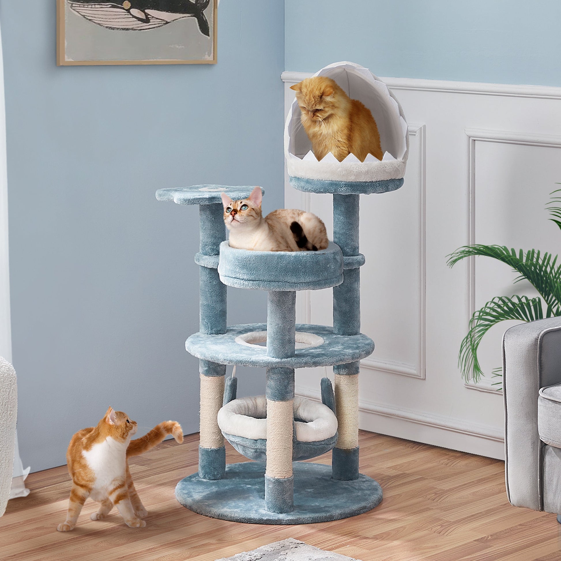 Ocean-Themed  Cat Tree, cats climbing around