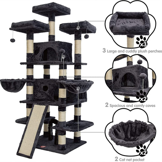 68-Inch Multi-Level Cat Tree – Tall Tower with 2 Large Condos, 3 Plush Perches, Scratching Posts & Cat Hair Brush - OllieMart