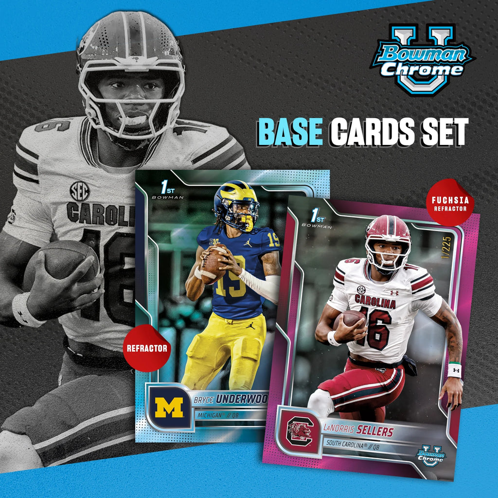 2025 Bowman University Chrome Football cards featuring players in vibrant designs and special effects