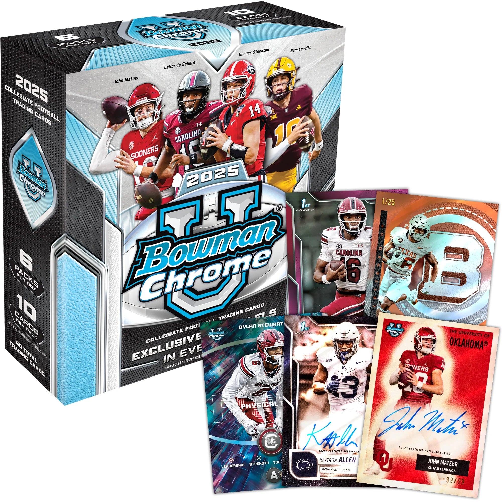 2025 Bowman University Chrome Football cards box with exclusive collectible cards for sports enthusiasts