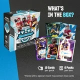 2025 Bowman University Chrome Football cards box featuring pack details and sample cards displayed