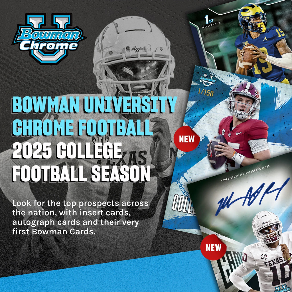 2025 Bowman University Chrome Football cards featuring top NCAA prospects and autographed inserts