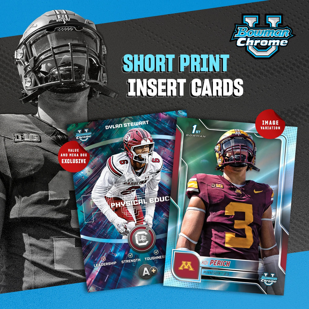 2025 Bowman University Chrome Football cards featuring Dylan Stewart and a Minnesota player insert card