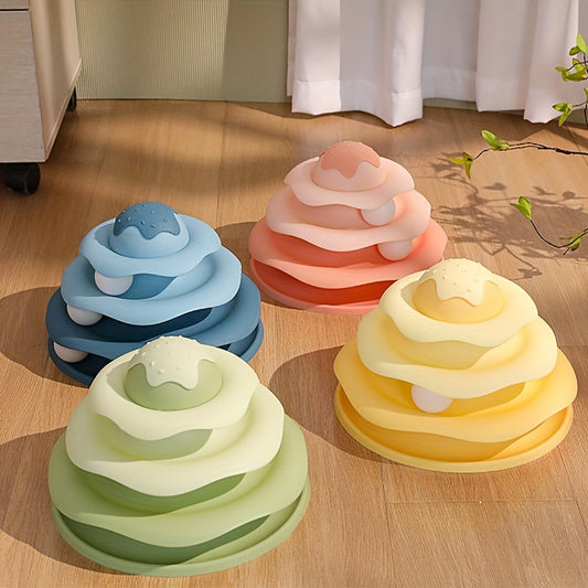 Colorful 3-Tier cat ball tower for playful cats featuring stacked ball tracks in multiple pastel colors