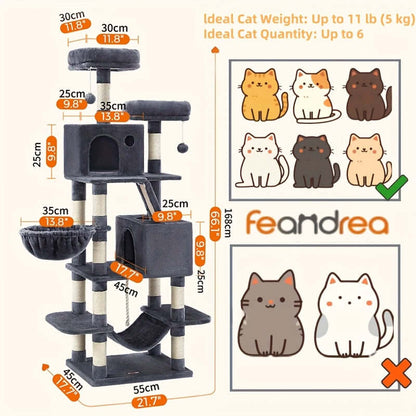 66.1/44.1 Inch Deluxe Cat Tree – Multi-Level Condo with Scratching Posts, Perches, Caves, Basket & Hammock, Black & Gray with Wooden Accents, Easy to Assemble - OllieMart