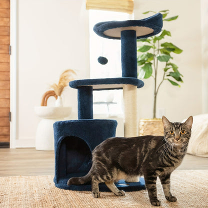 ClevaHome 32-Inch Deep Denim Blue Cat Tree – Cozy Condo, Sisal Scratching Post, Plush Perches & Pompom Toys for Indoor Cats - OllieMart