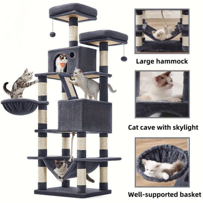 66.1/44.1 Inch Deluxe Cat Tree – Multi-Level Condo with Scratching Posts, Perches, Caves, Basket & Hammock, Black & Gray with Wooden Accents, Easy to Assemble - OllieMart
