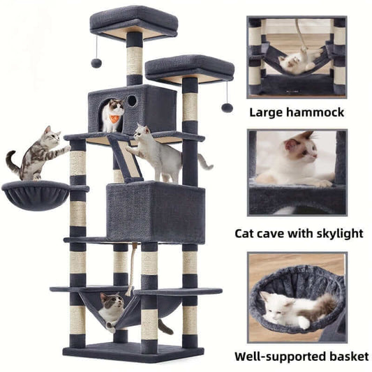 66.1/44.1 Inch Deluxe Cat Tree – Multi-Level Condo with Scratching Posts, Perches, Caves, Basket & Hammock, Black & Gray with Wooden Accents, Easy to Assemble - OllieMart