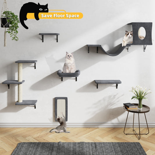 6-Piece Deluxe Wall Mounted Cat Climbing Frame - Spacious Cat House, Sturdy Bridge, Tree, Steps, Scratcher, and Shelves - DIY Indoor Cat Playground Furniture Set with Easy Assembly - OllieMart