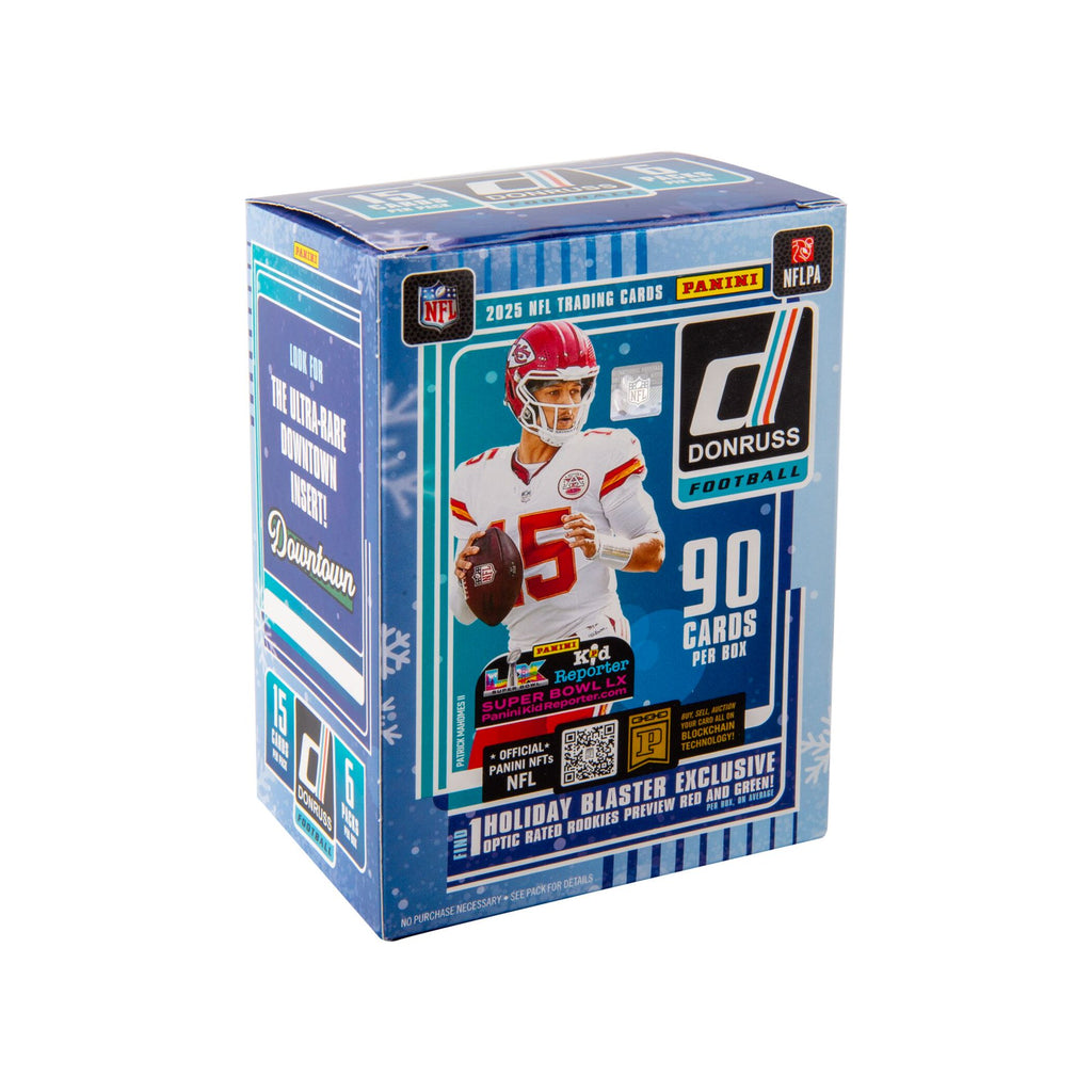 2025 Donruss Football Holiday blaster box containing 90 NFL trading cards for football fans