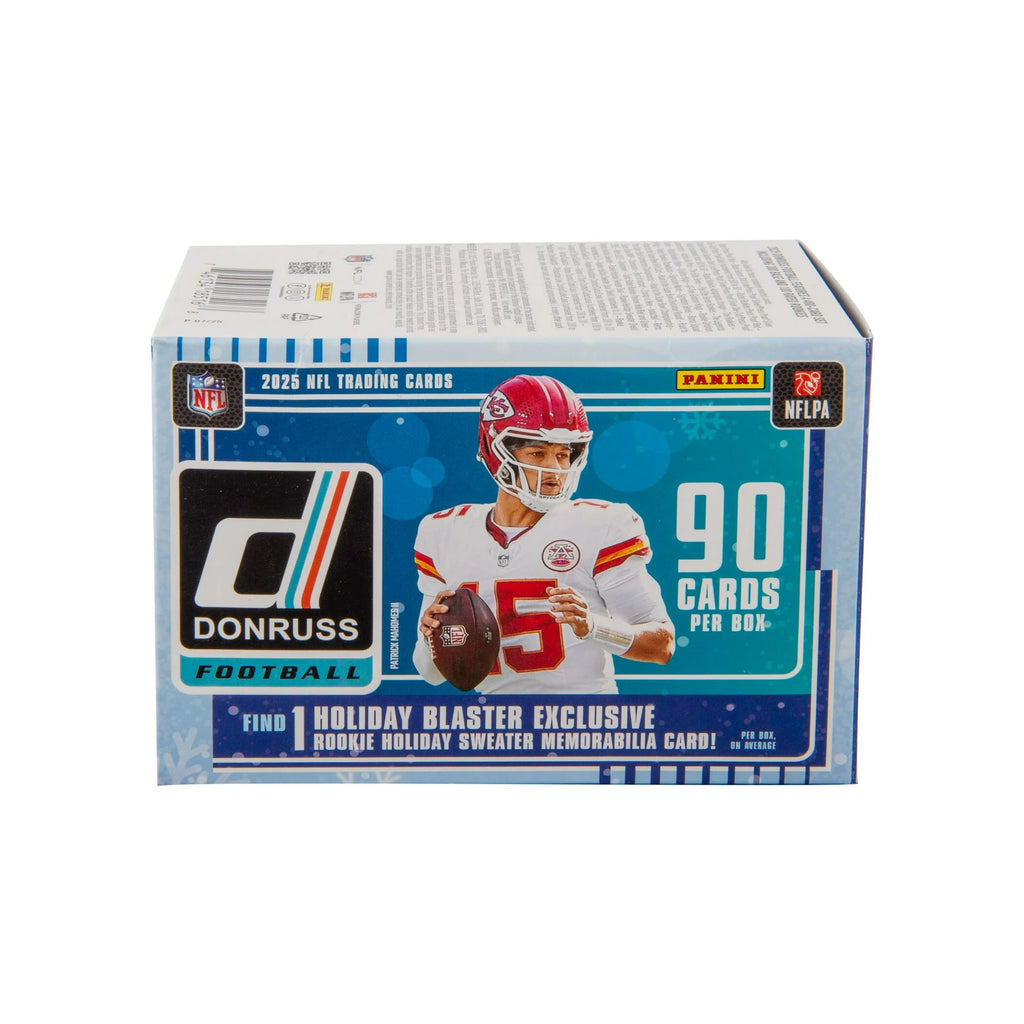 2025 Donruss Football Holiday blaster box with 90 trading cards and exclusive rookie memorabilia card