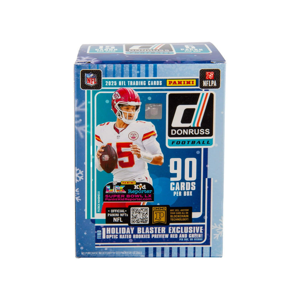 2025 Donruss Football Holiday blaster box featuring 90 trading cards and exclusive rookie previews