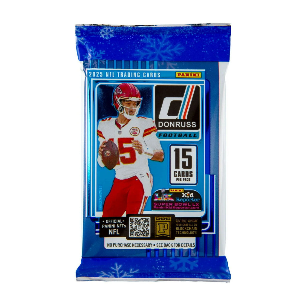 2025 Donruss Football Holiday blaster box featuring 15 NFL trading cards from Panini