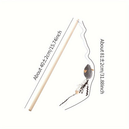 Interactive Plush Mouse Cat Teaser Wand with Wooden Rod – Engaging Play for Active Cats - OllieMart