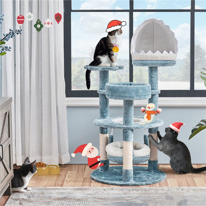 Ocean-Themed Cat Tree, cat condo with Christmas effects