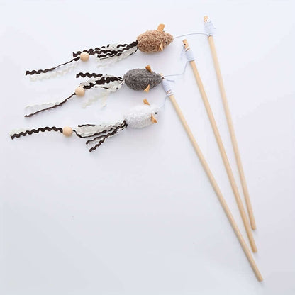 Interactive Plush Mouse Cat Teaser Wand with Wooden Rod – Engaging Play for Active Cats - OllieMart