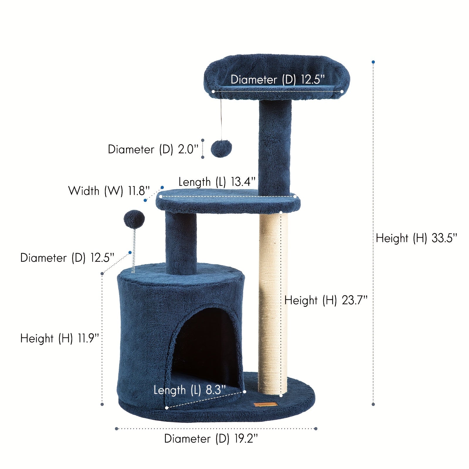 ClevaHome 32-Inch Deep Denim Blue Cat Tree – Cozy Condo, Sisal Scratching Post, Plush Perches & Pompom Toys for Indoor Cats - OllieMart
