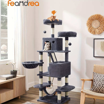 66.1/44.1 Inch Deluxe Cat Tree – Multi-Level Condo with Scratching Posts, Perches, Caves, Basket & Hammock, Black & Gray with Wooden Accents, Easy to Assemble - OllieMart