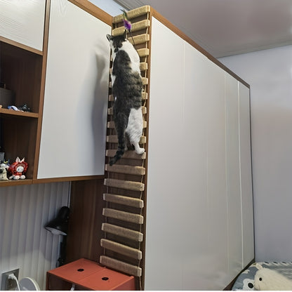 Cat using fir wood cat climbing ladder to reach high shelf for play and exploration