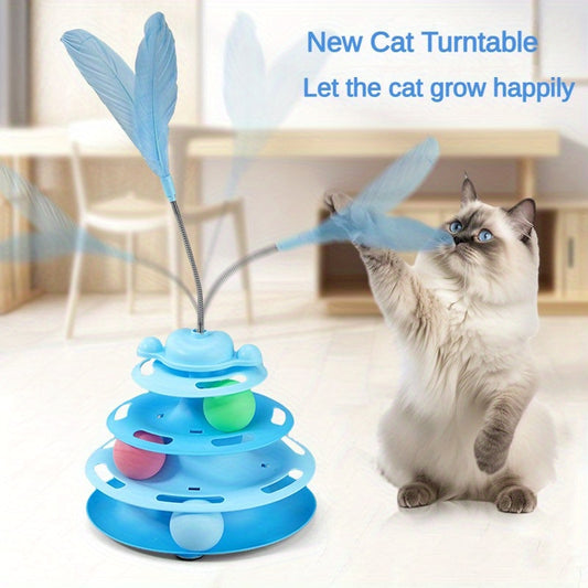 Interactive cat ball tower with spinning feathers and colorful balls for playful feline fun