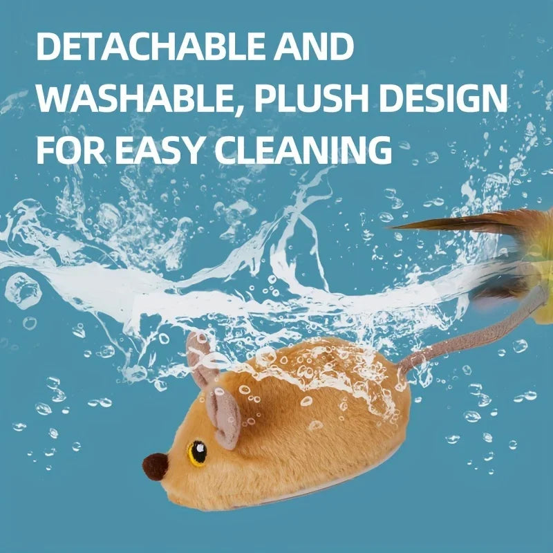 Interactive cat mouse toy with detachable and washable plush design for easy cleaning