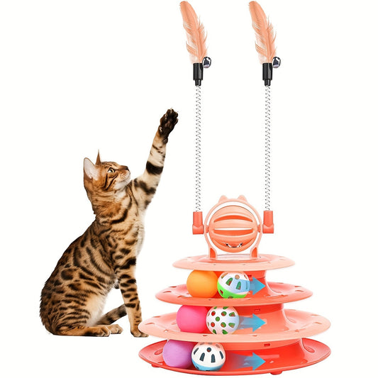 Interactive cat puzzle toy with colorful balls and feather chasers to engage and entertain cats