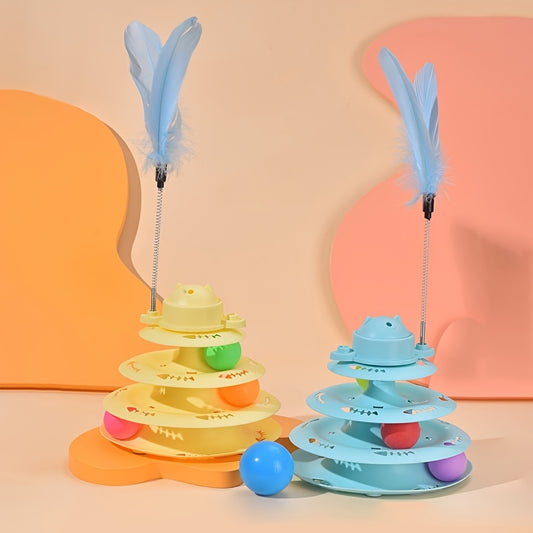 Colorful interactive cat tower toy with feather and balls for engaging feline playtime