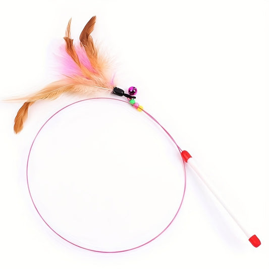 Interactive feather cat wand with colorful feathers and a bell for playful cats