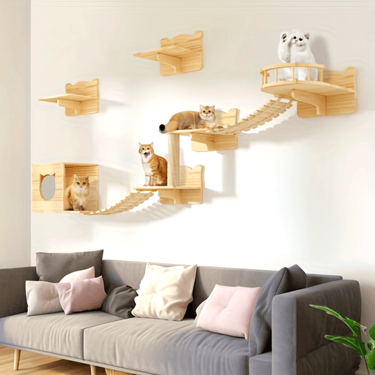 Stylish wall-mounted cat furniture featuring various shelves and a climbing bridge for playful cats